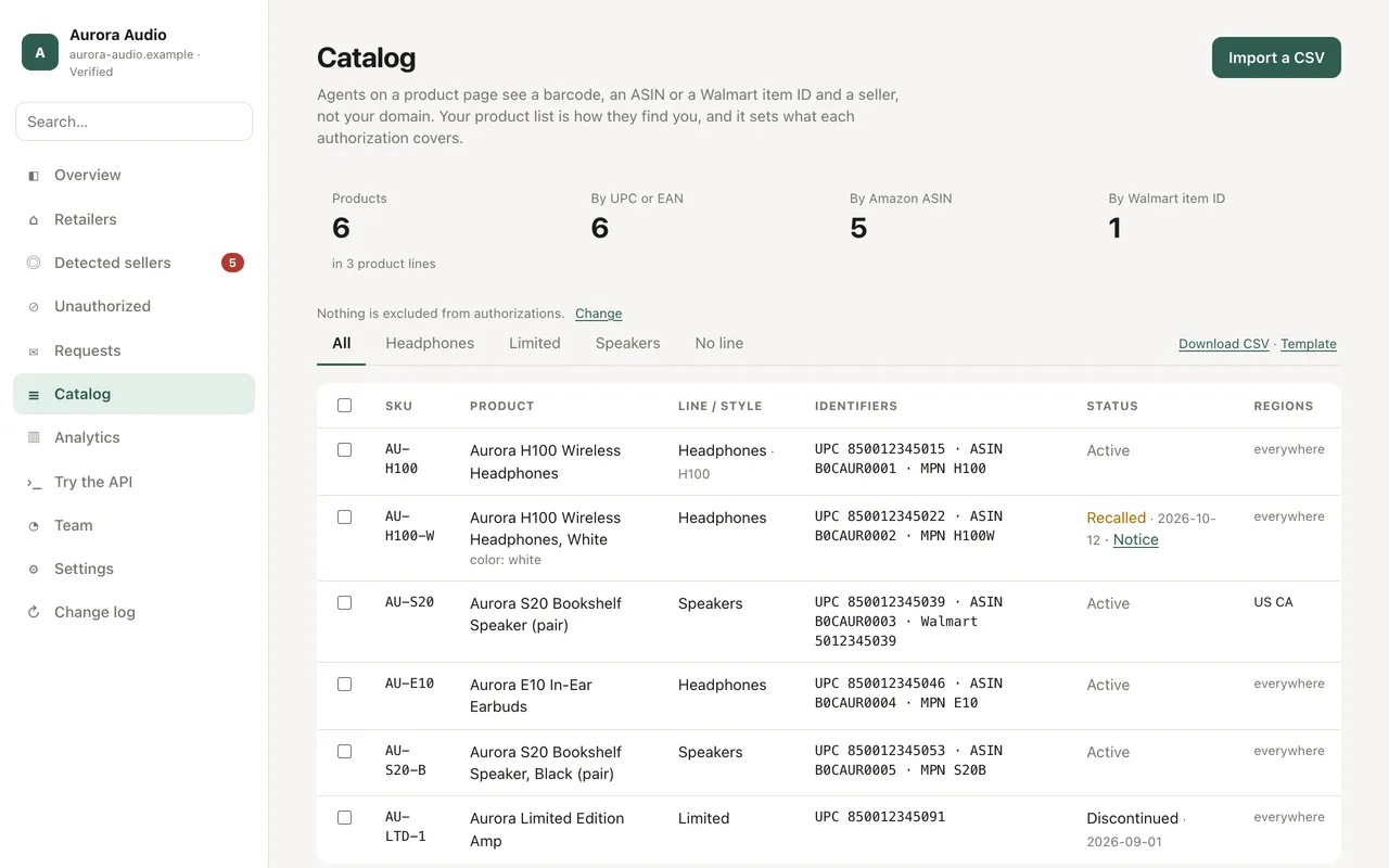 The portal's Catalog page: counts of products by UPC, ASIN and Walmart item ID, and a table of products with their identifiers, one marked Recalled with a link to the recall notice and one marked Discontinued.
