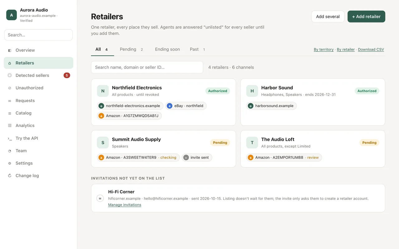 The portal's Retailers page: one card for each authorized retailer, with its channels (a web store, eBay and Amazon seller IDs), what it may sell, its end date, and which Amazon sellers are still being checked.