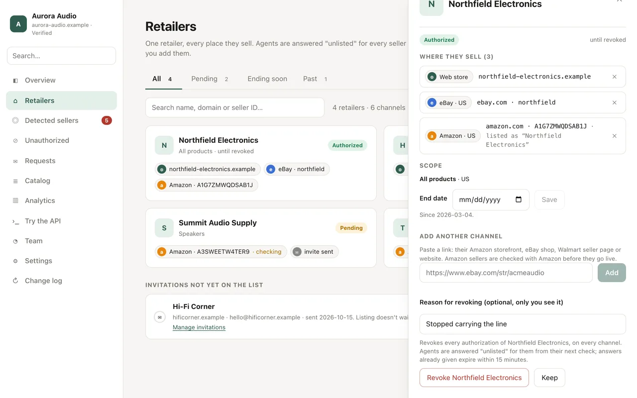 A retailer's details open beside the Retailers page: where it sells, its scope and end date, a box to add another channel, and the revoke form with a reason typed in and a Revoke button.