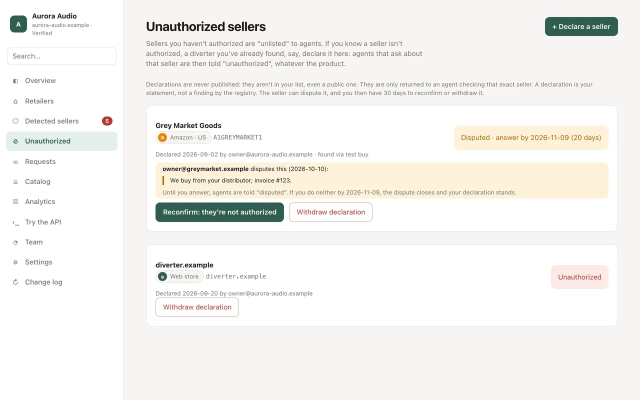 The portal's Unauthorized sellers page: an Amazon seller whose declaration is disputed, with the seller's evidence and buttons to reconfirm or withdraw, and a web store declared unauthorized.